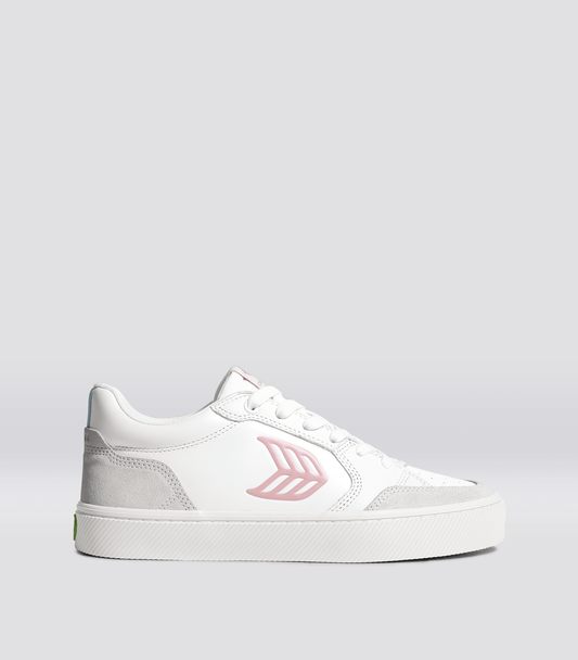 VALLELY White Leather Smoke White Suede Blush Pink Logo Sneaker